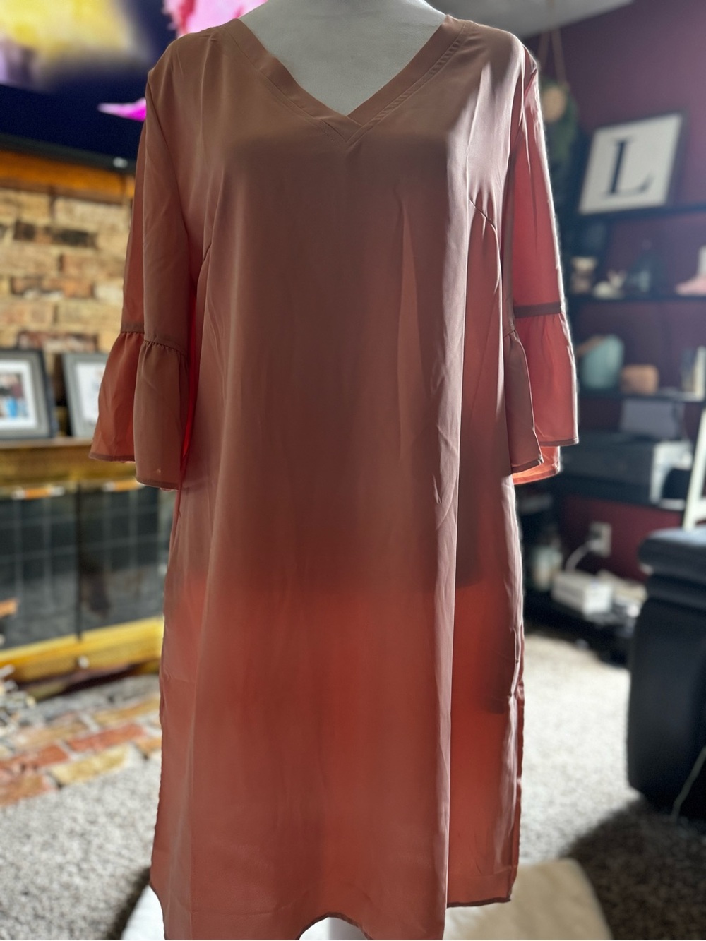 V-Neck Peach Midi Dress with Fluted Sleeves